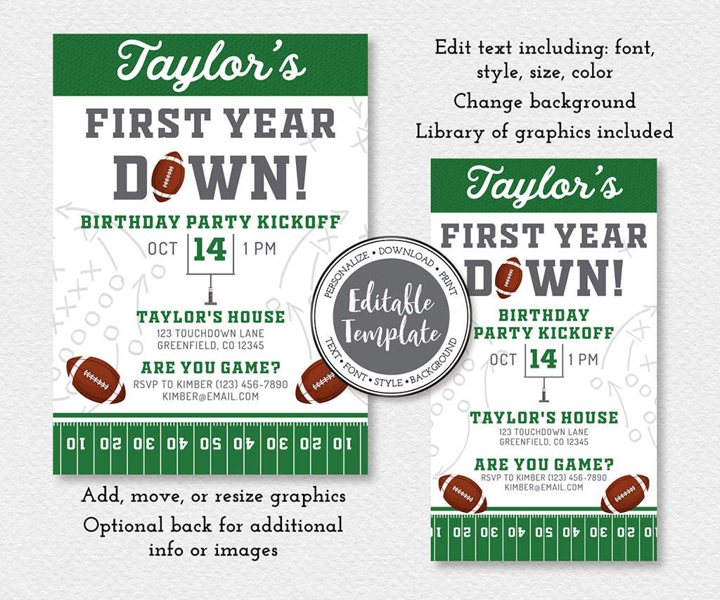 First year down 5x7 football invitation and digital smartphone invite in green and gray editable templates.