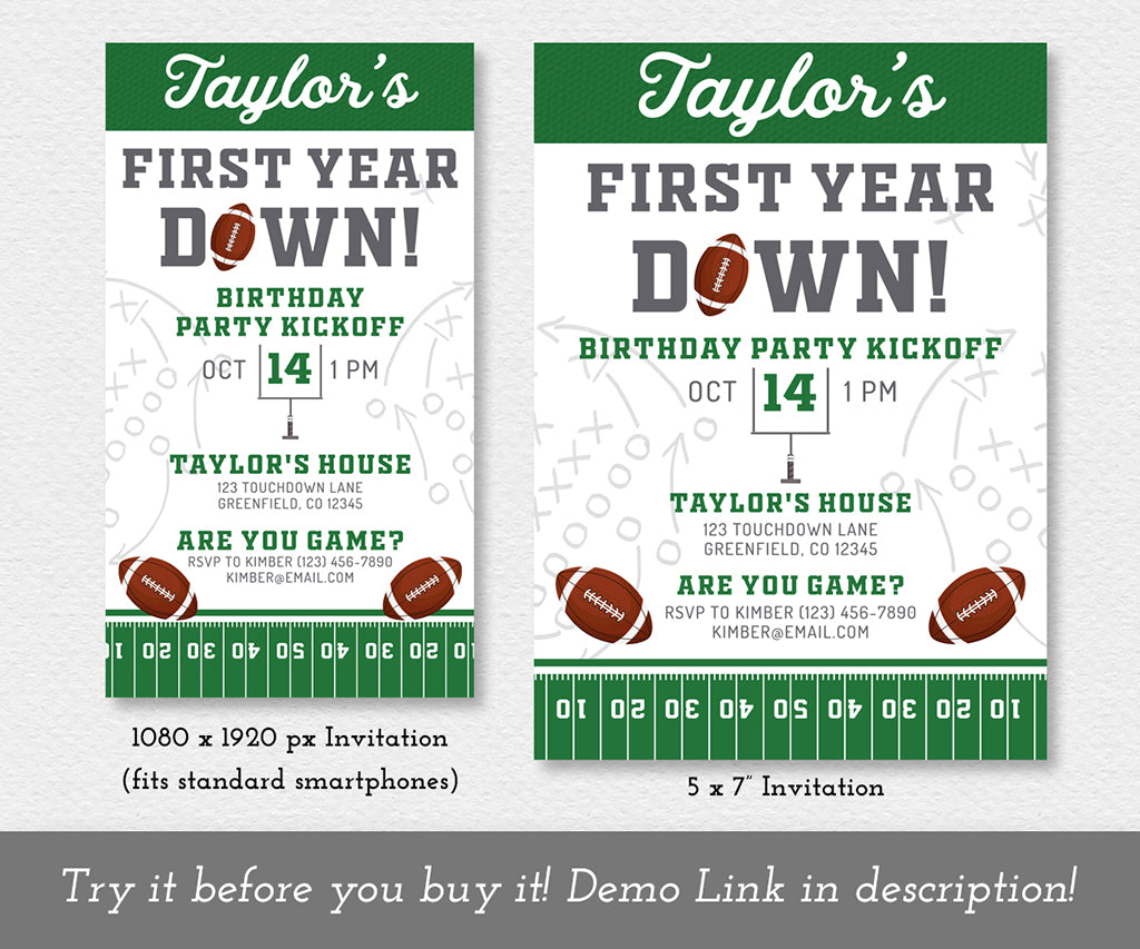 First year down football invitation and smartphone evite with footballs and goal post in green and gray editable templates.