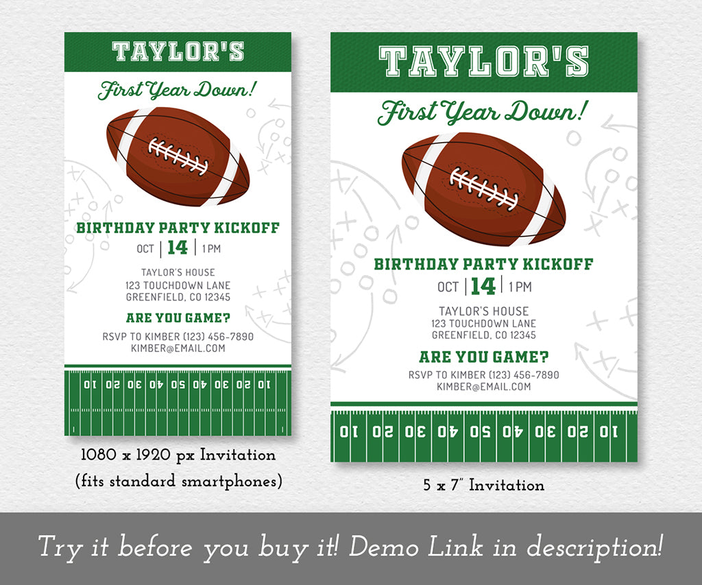 First Year Down birthday 5x7 invitation and digital smartphone evite in green and gray.