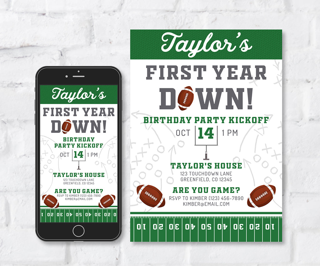 First year down football invitation and smartphone evite with footballs and goal post in green and gray.