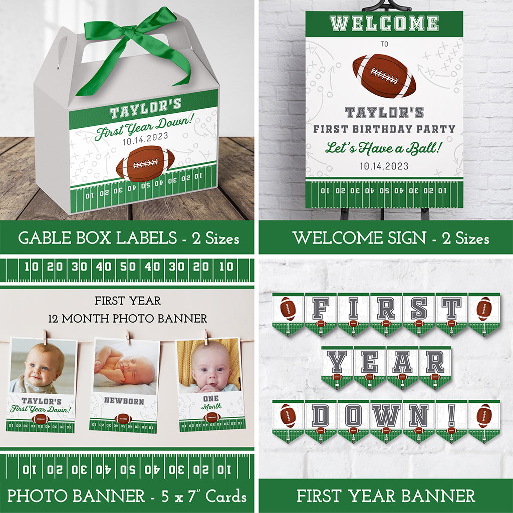 Football first year down birthday templates, box labels, welcome sign, and banners.
