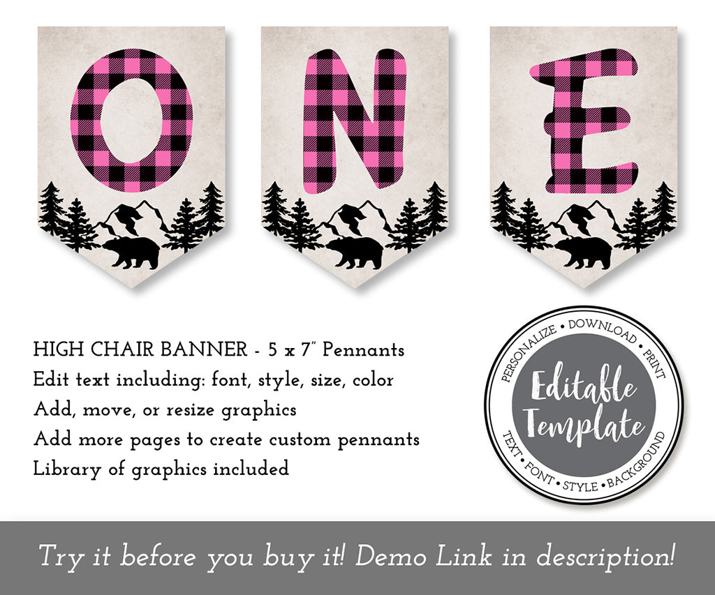 Pink plaid wild one 1st birthday highchair pennant banner editable template.