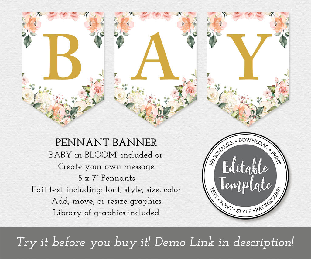 Floral baby shower pennant banner editable template.