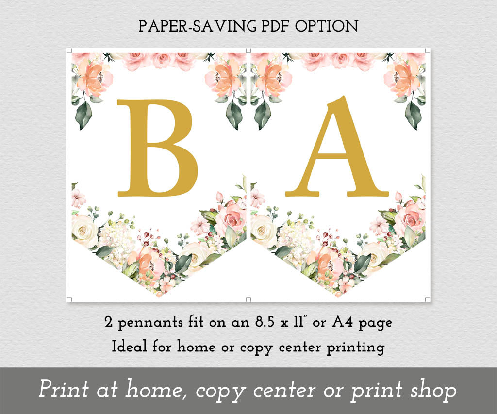Floral baby shower pennant banner download option of 2 per sheet.