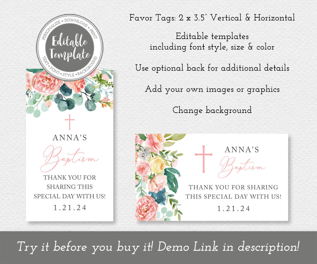Floral baptism favor tag templates with pink and yellow flowers.