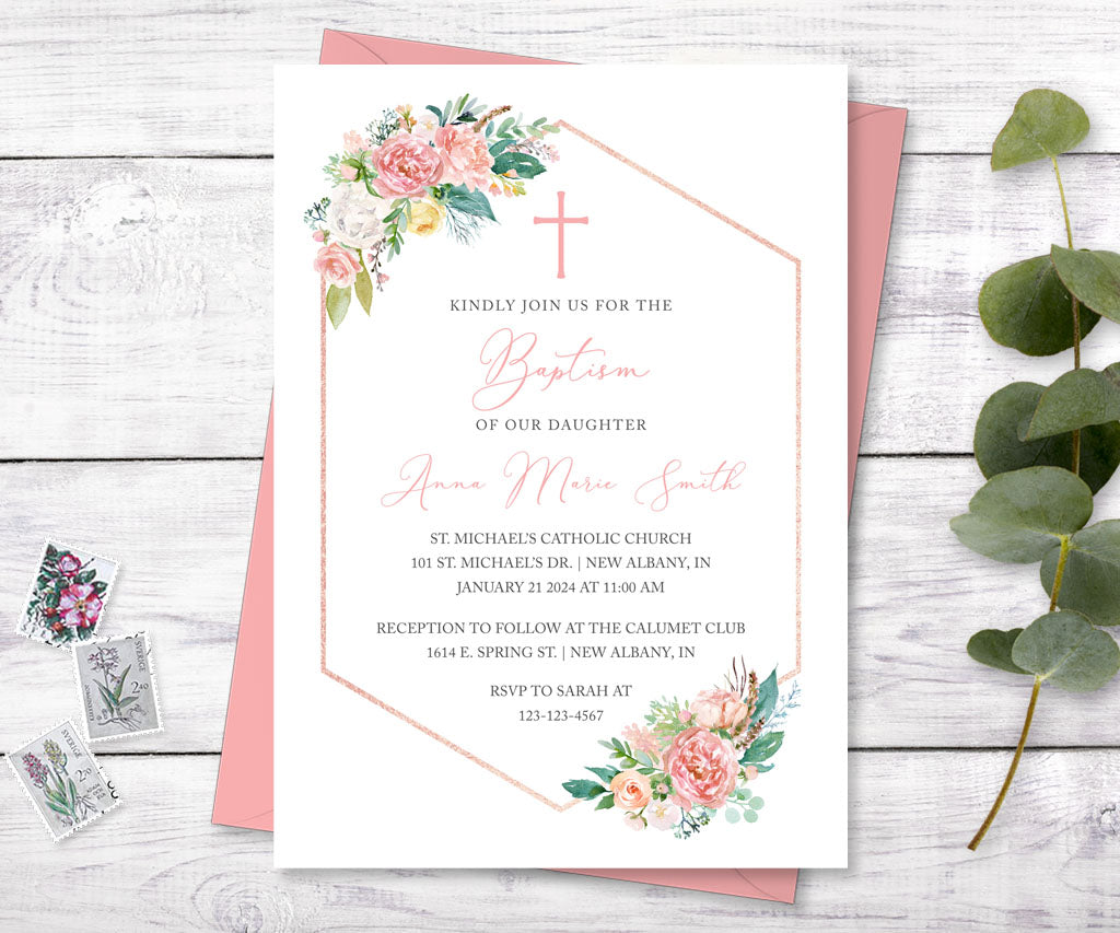 Floral baptism invitation in pink, white and yellow.