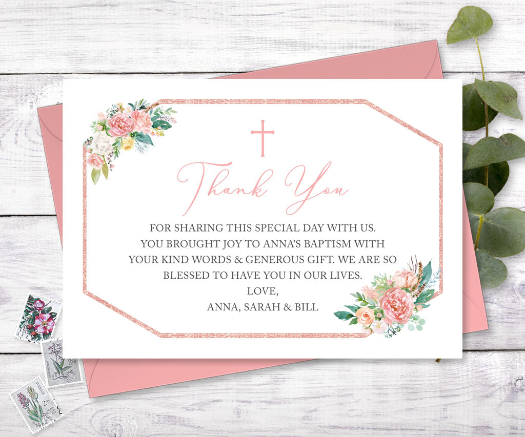 Floral baptism thank you card with pink white and yellow flowers.