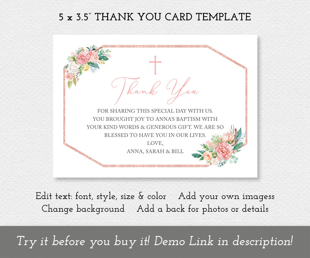 5 x 3.5 inch Floral baptism thank you card editable template.