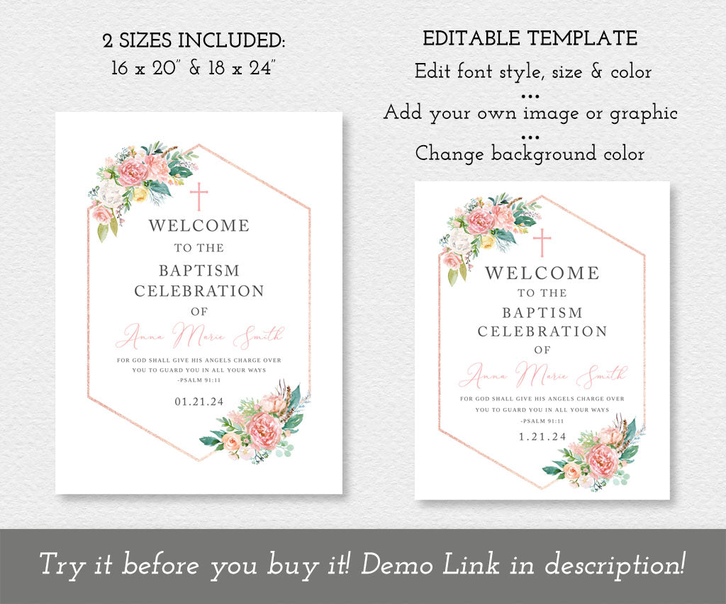 Floral baptism welcome sign templates, 16 x 20" and 18 x 24".