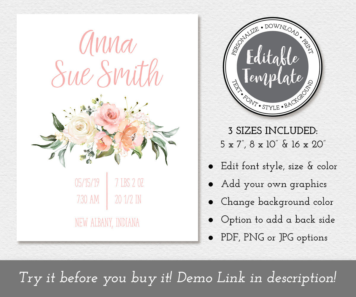 pink and white floral birth stats editable template