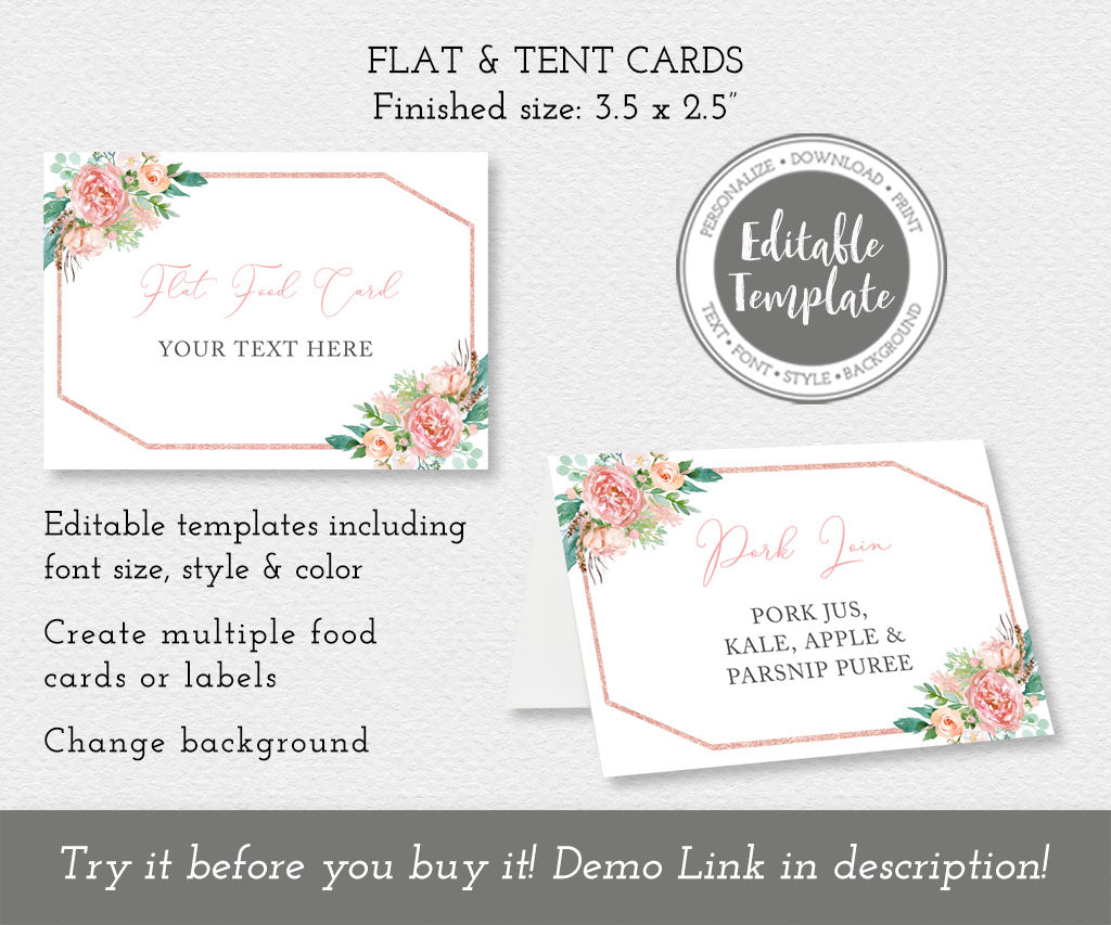 Floral buffet food card templates, flat and folded.