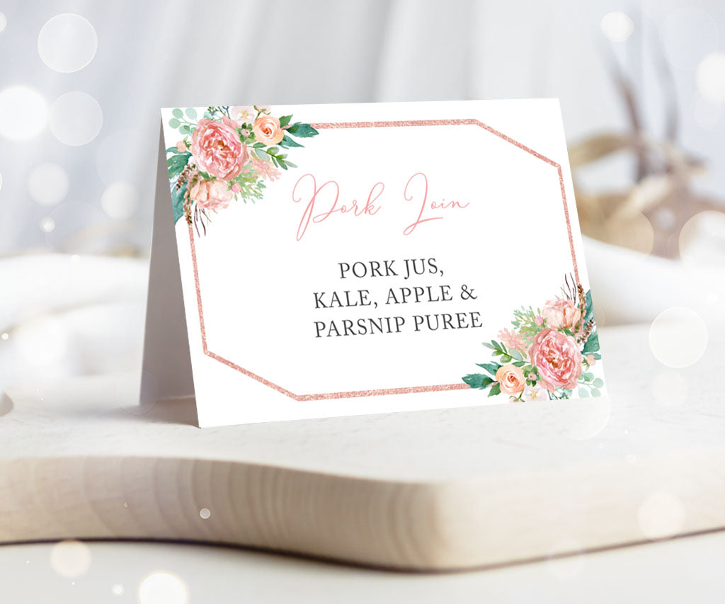 Floral buffet food tent card with pink, white and yellow flowers.