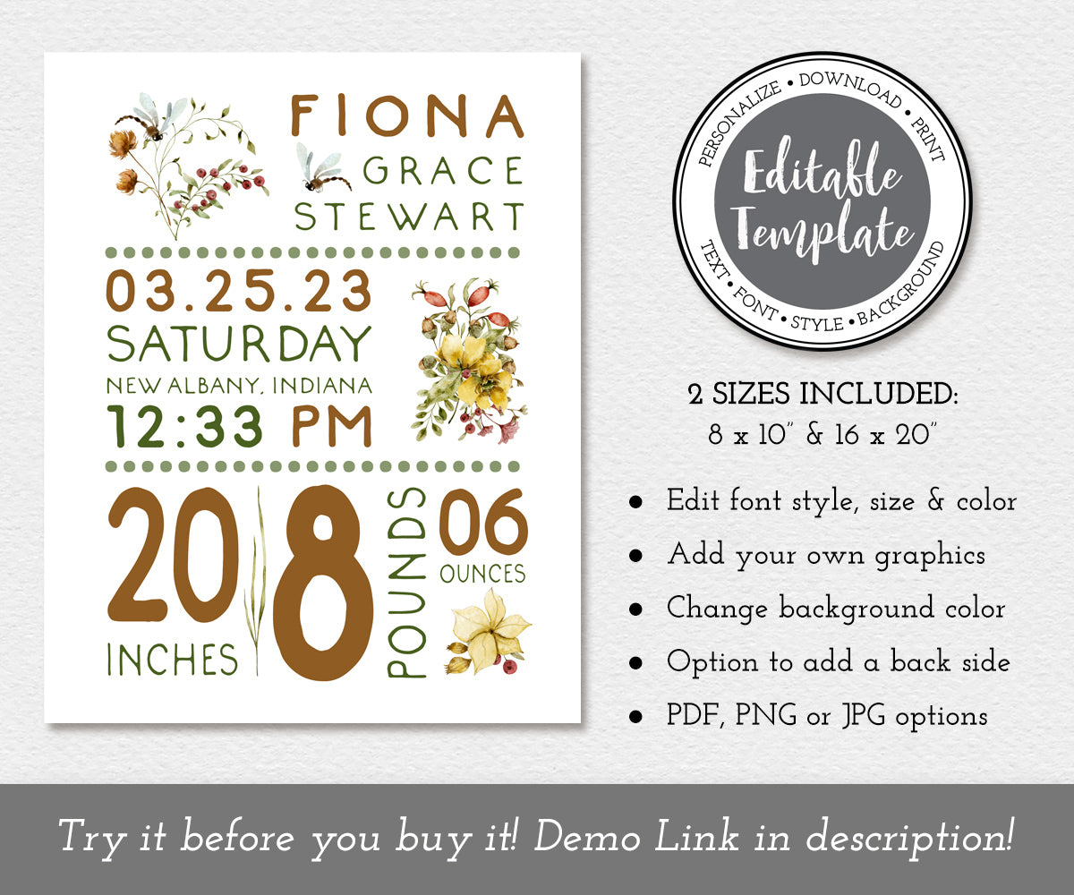 floral dragonly birth stats editable template