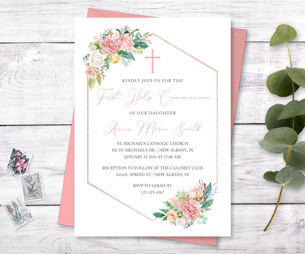 Pink white and yellow floral first communion invitation.