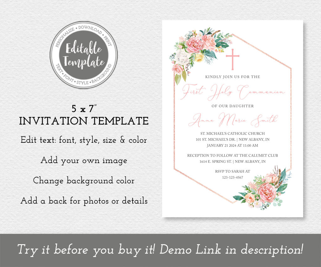 Pink white and yellow floral first communion invitation template.