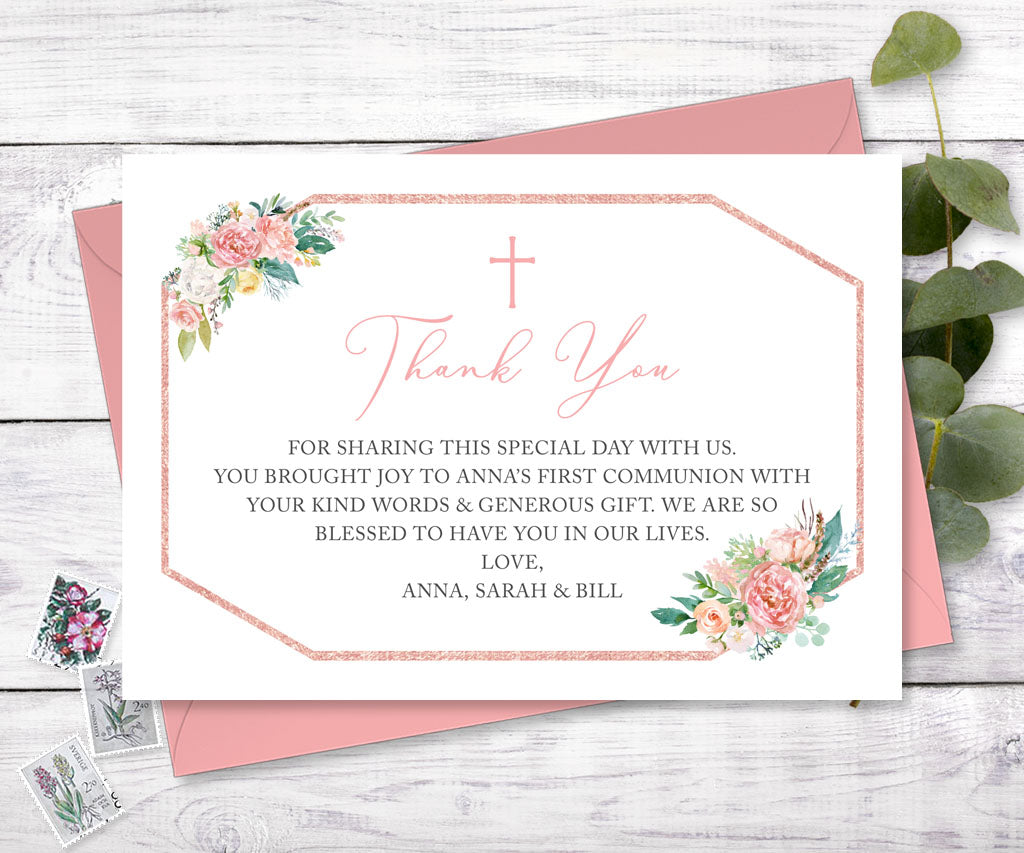 Floral First Communion thank you card in pink white and yellow.
