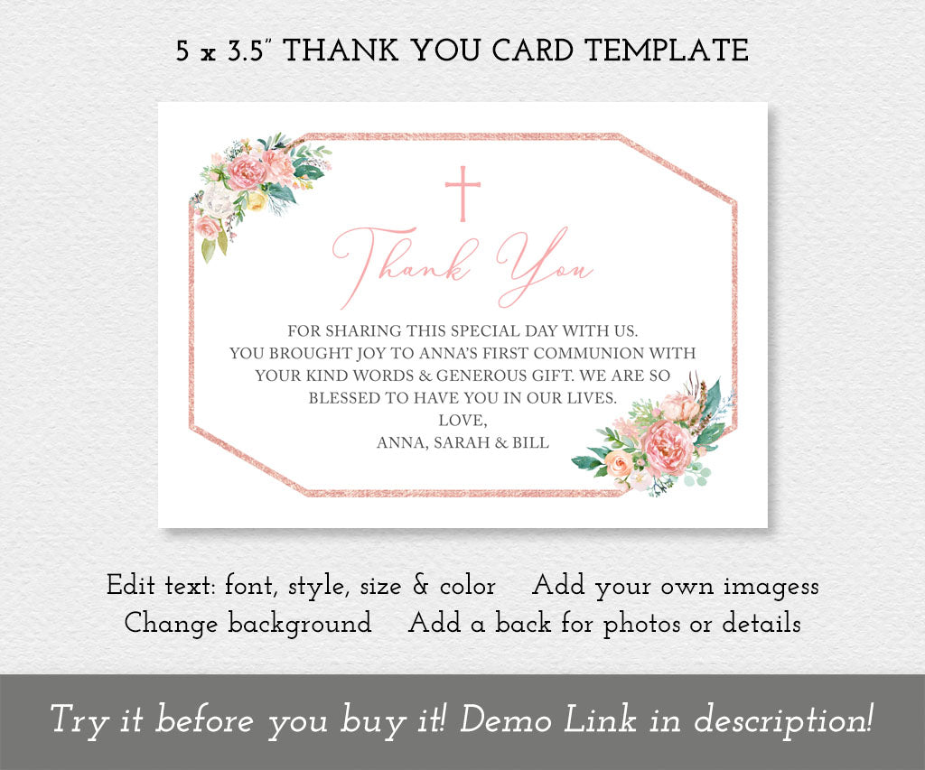 5 x 3.5 inch floral first communion thank you card template in pink white and yellow.