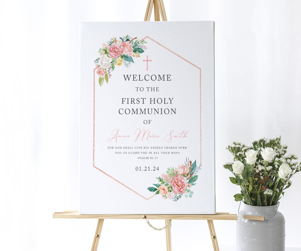Floral First Communion welcome sign on easel.