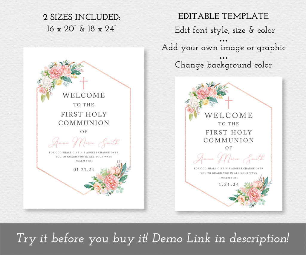 Floral First Communion welcome sign templates.