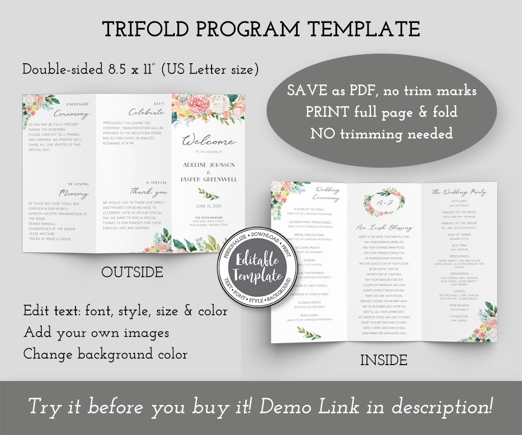 Pink, yellow, white floral trifold wedding program editble template.