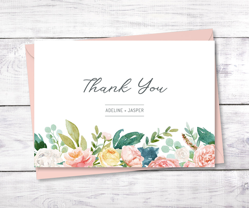 Pink, white and yellow floral wedding thank you card.