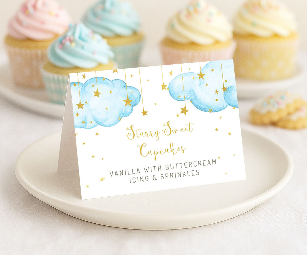Folded food card with blue clouds, gold stars.