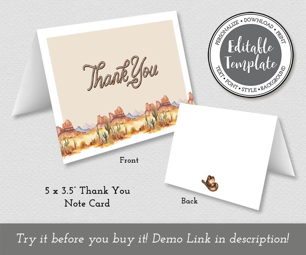 Western style folded thank you card templates front and back.