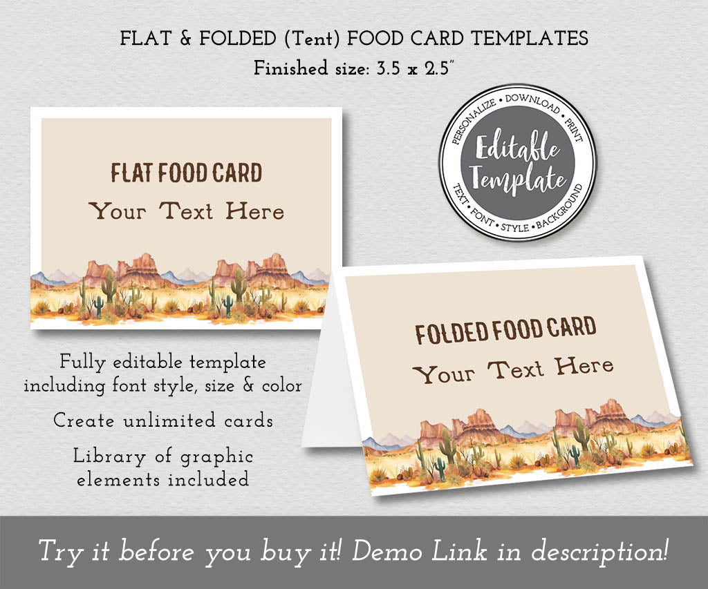 Flat and folded tent food label templates for cowboy western theme birthday.