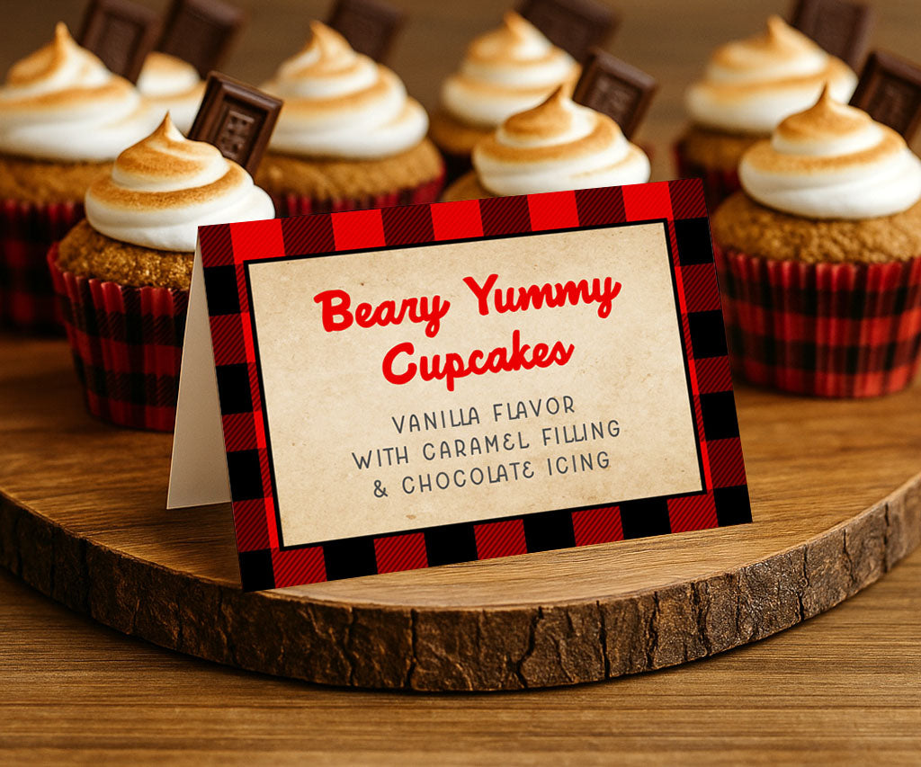Red and black buffalo plaid beary yummy cupcakes food tent card.
