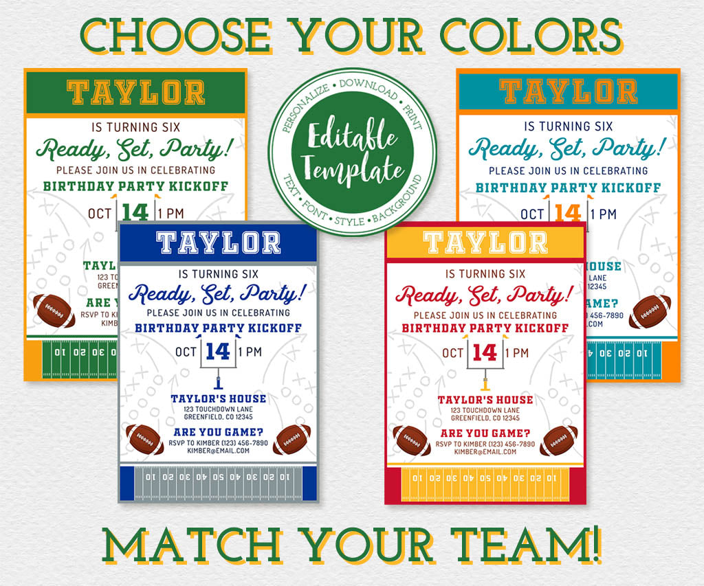 Football birthday invitations shown in several team color combinations, editable template badge, choose your colors and match your team.