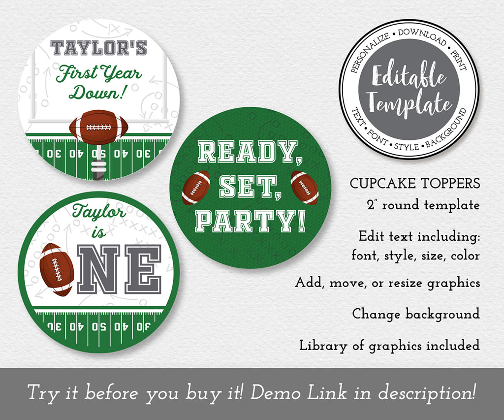 First birthday football 2 inch round cupcake topper editable templates.