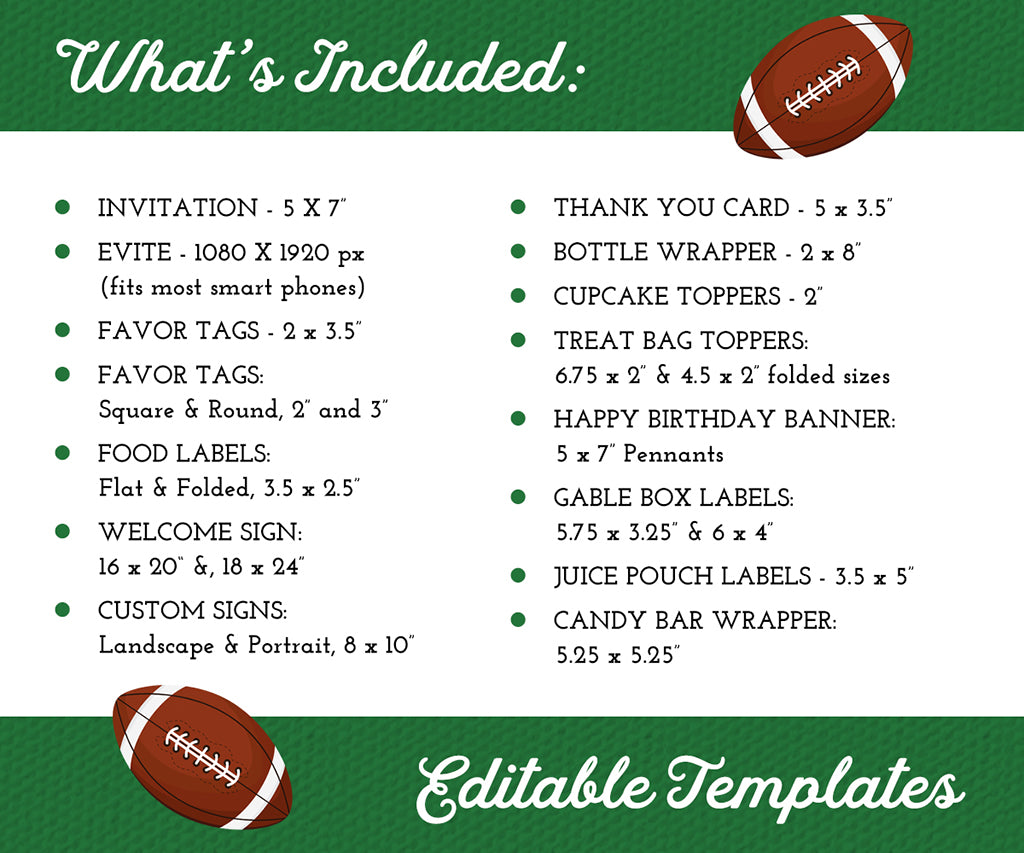 What's included in the Artful Life Designs football birthday editable template bundle.