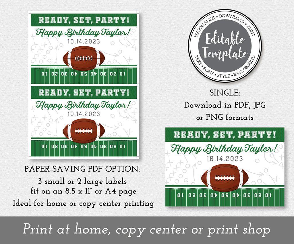 Download options for football birthday favor box labels, single or two on a sheet.