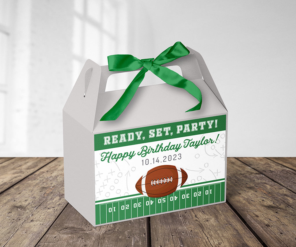 Football birthday favor gable box label in green and gray.