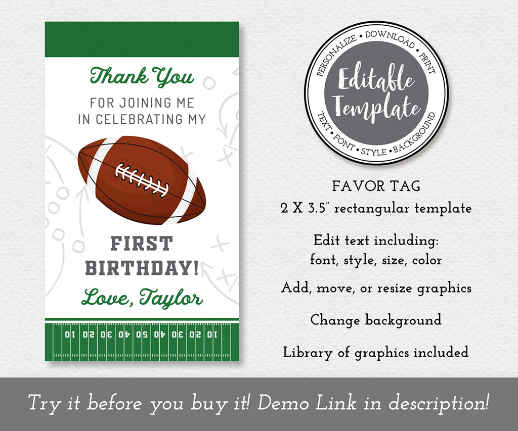 First birthday rectangular football favor tag editable template.