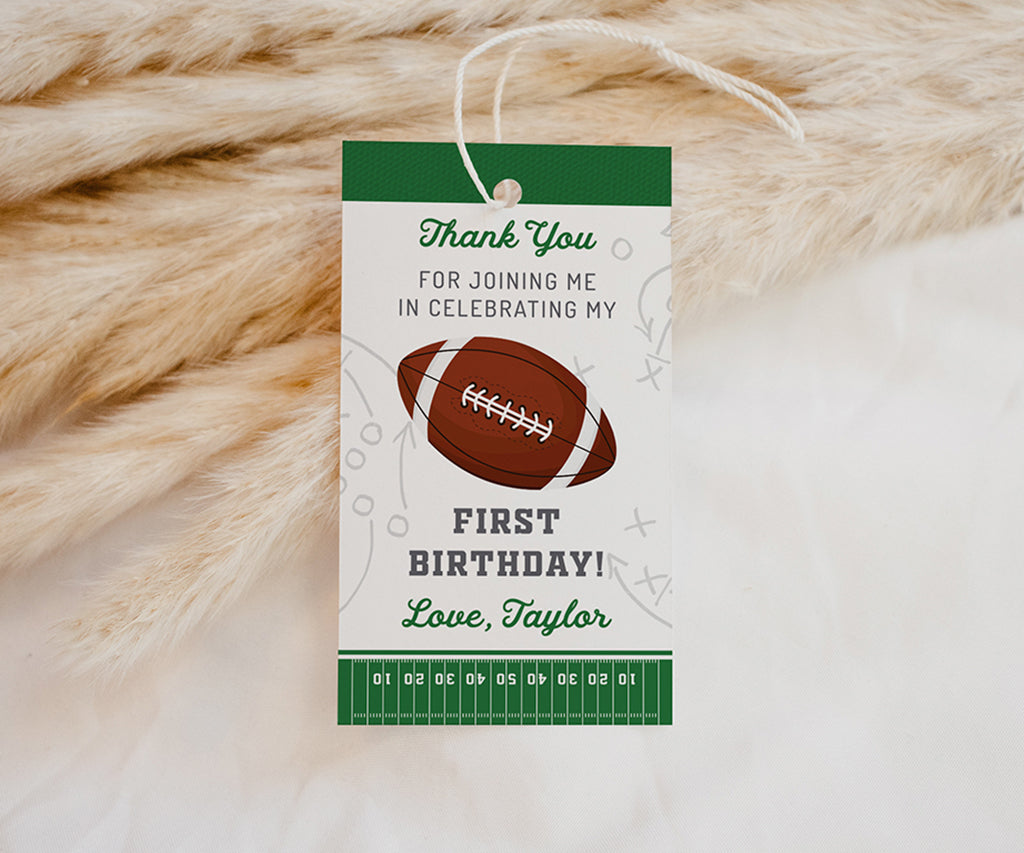 First birthday football rectangle favor tag.