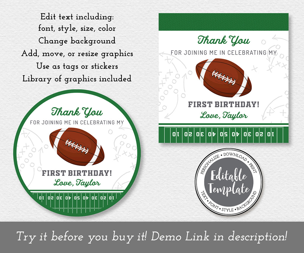 Football first birthday round and square favor tag templates.