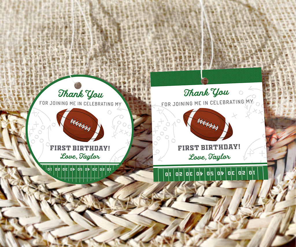 First birthday football round and square birthday favor tags.