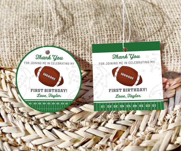 Football first birthday round and square favor tags.