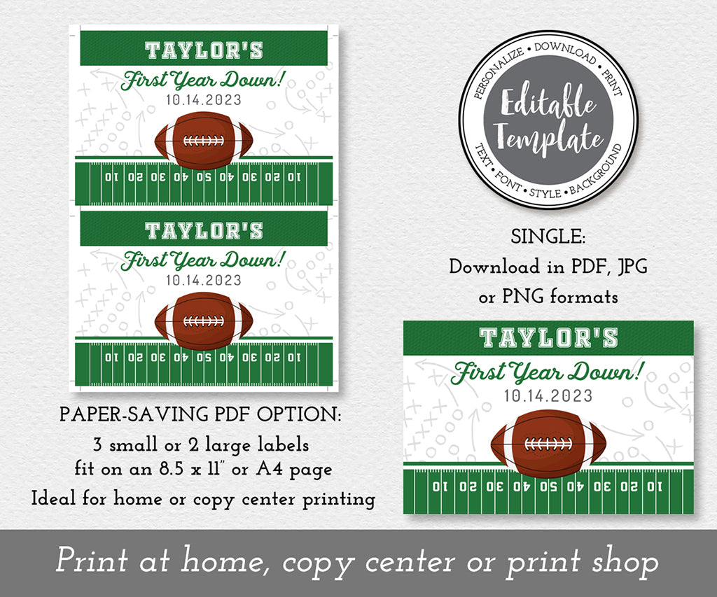 Football First Year Down gable box template download options, full sheet or single.