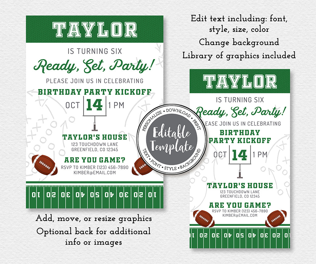 Ready, set, party football birthday invitation and smartphone evite editable templates.