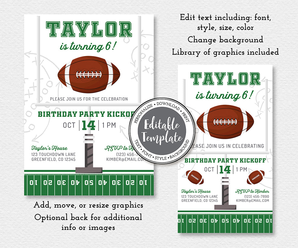 Football 5 x 7" birthday invitation and 1080 x 1920 px evite for smart phone editable templates.