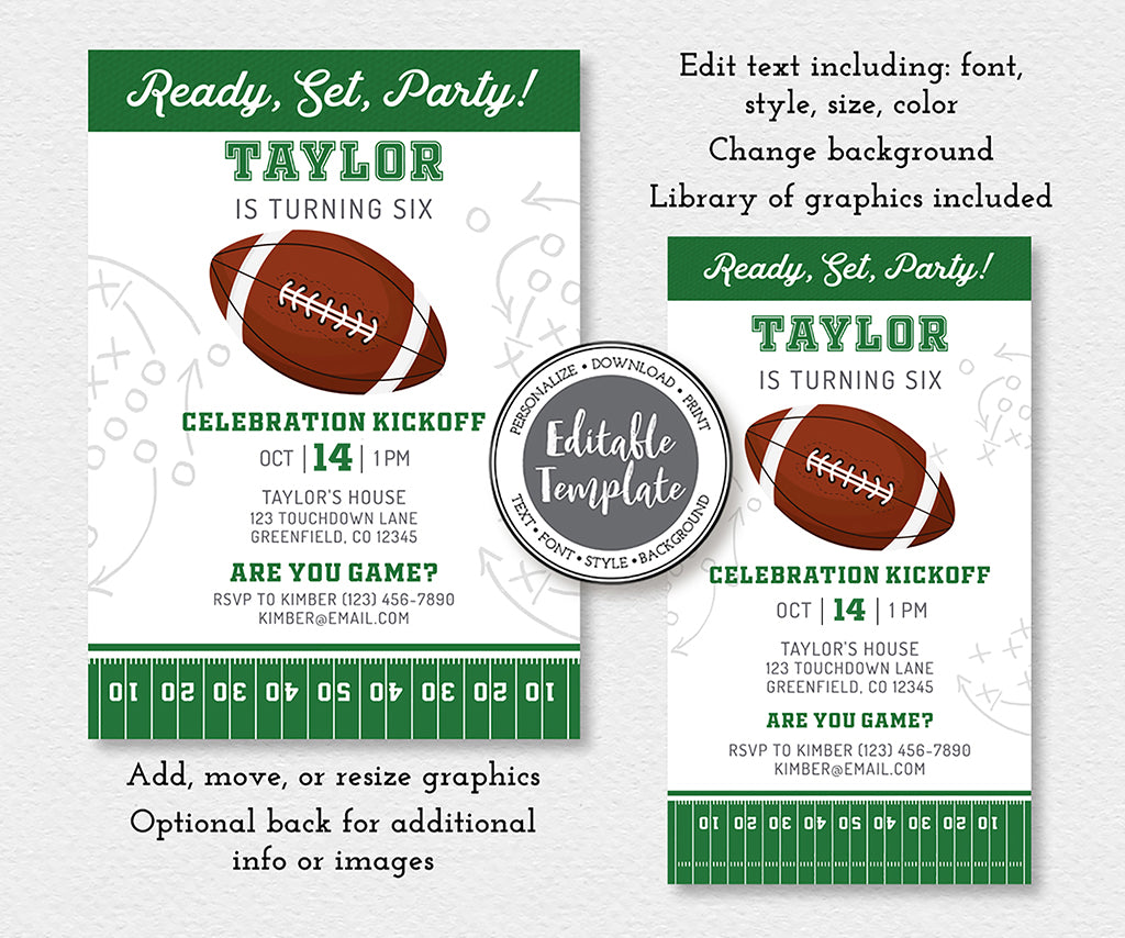 Football birthday invitation and smartphone evite editable templates.