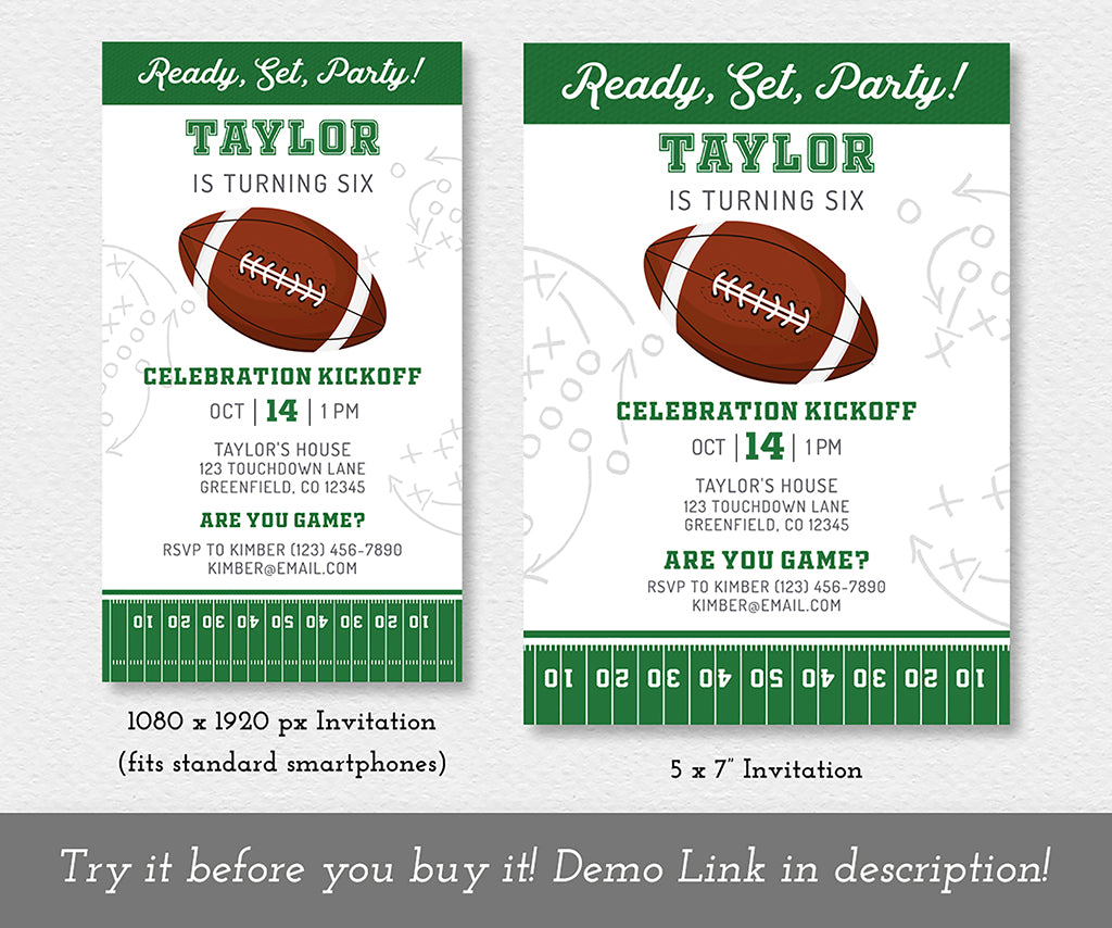 Football birthday 5 x 7" invitation and 1080 x 1920 px evite for smart phones.