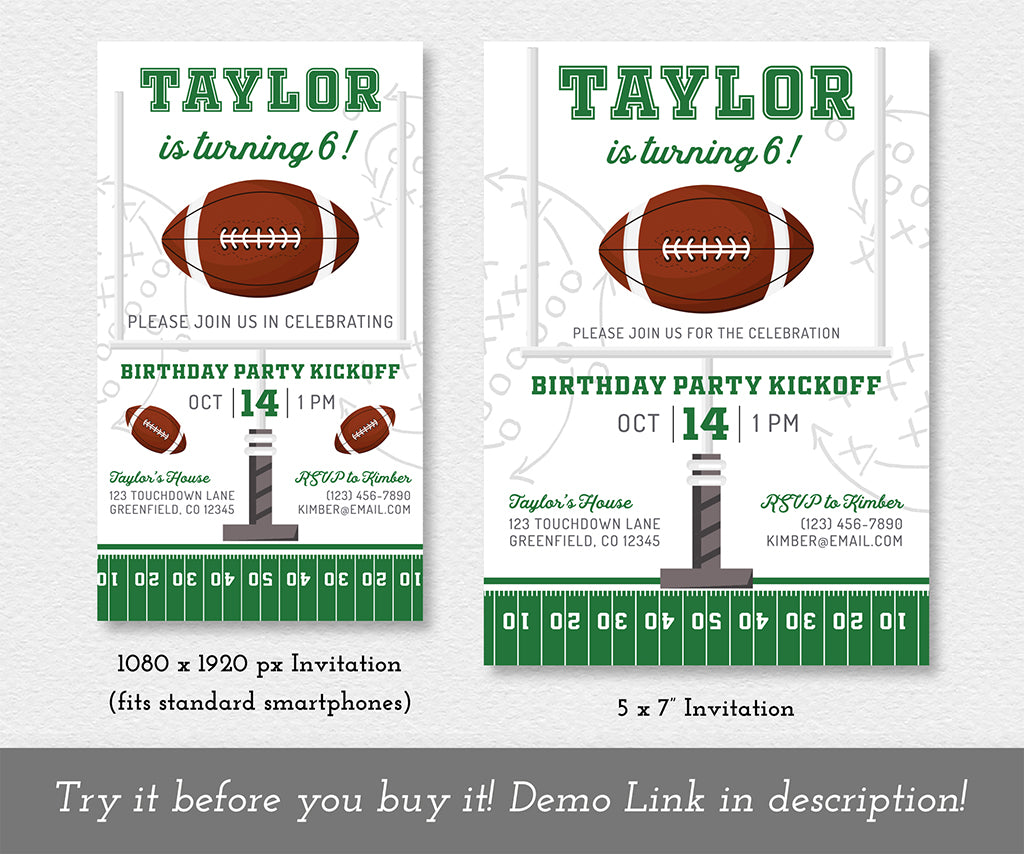 Football theme birthday invitation and evite with football and goal post. 