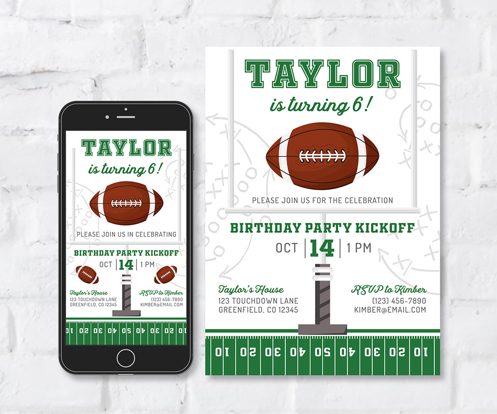 Football 5 x 7" birthday invitation and 1080 x 1920 px evite for smart phone with football and goal post.