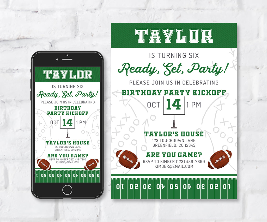 Ready, set, party football birthday invitation and smartphone evite.