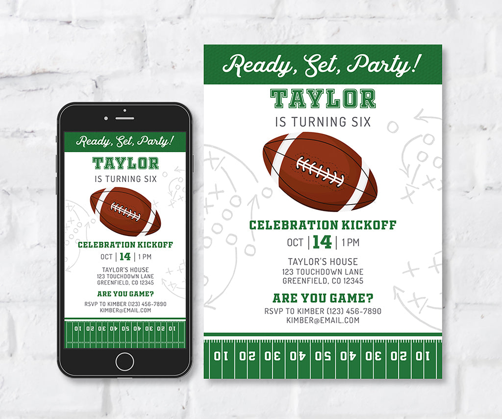 Football birthday invitation and mobile phone evite with football and field.
