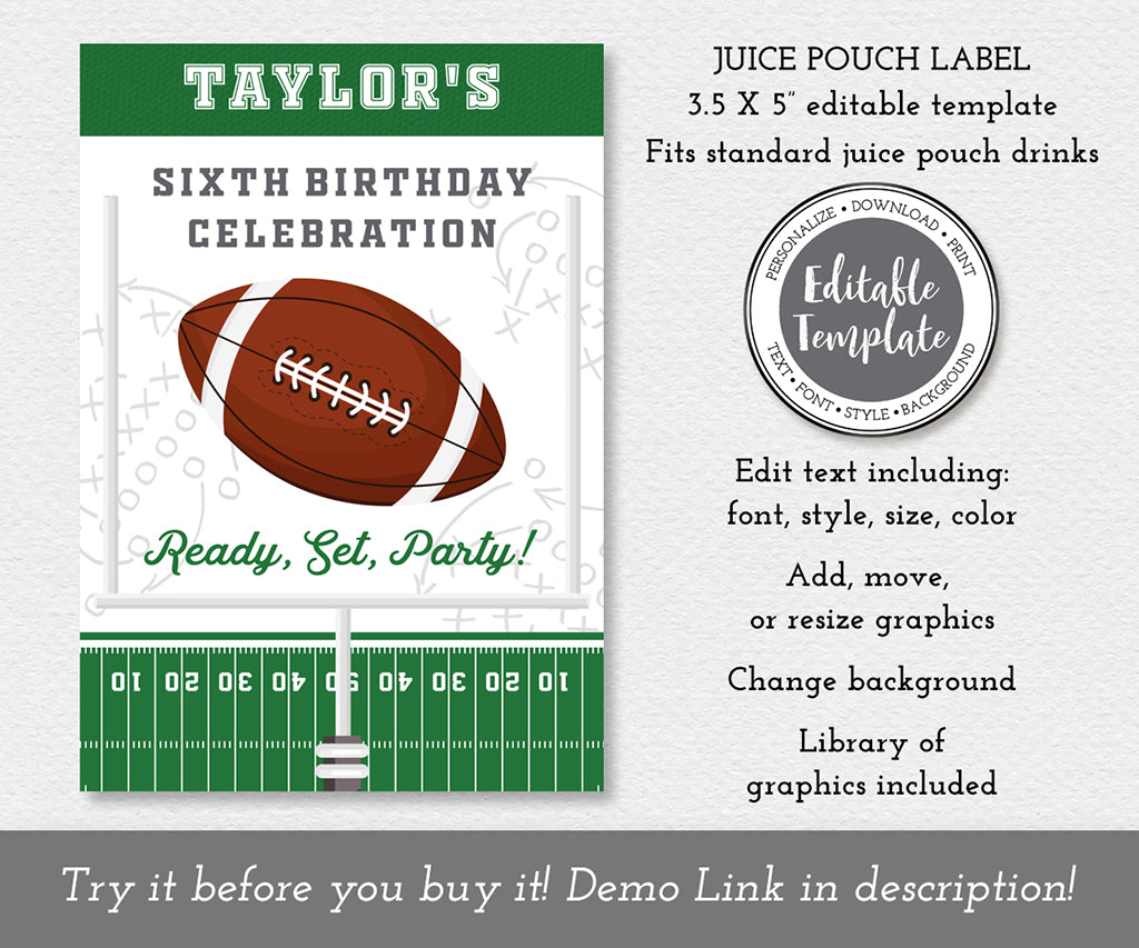 Football birthday juice pouch label editable template.