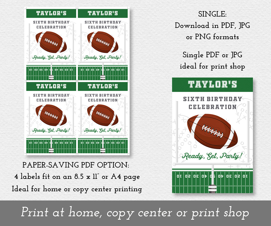 Download options for football birthday juice pouch labels, single or 4 per sheet.